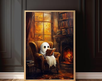 Cozy Ghost Reading Art Print | Dark Academia Book Lover Decor | Spooky Halloween Library Wall Art