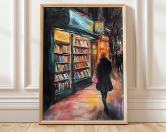 Autumn Bookshop Art Print | Cozy Book Lover Wall Decor | Bookish Printable for Reading Nook | Digital Bookstore Art