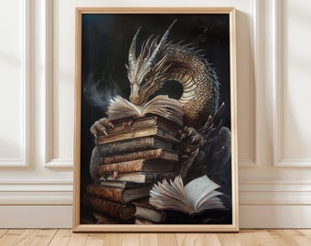 Fantasy Dragon Book Art Print | Mythical Book Lover Wall Decor | Digital Fantasy Library Decor | Dragon Reading Wall Art