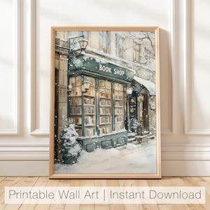 Arte mural de la librería de invierno de Nueva York, impresión de rincón de lectura, decoración navideña para amantes de los libros, regalo para amantes de los libros, arte imprimible de la librería, descarga digital