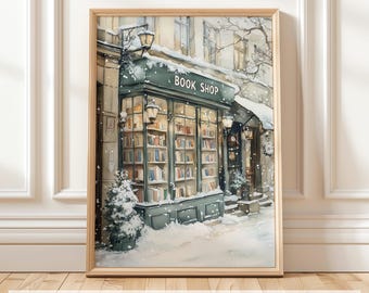 Winter Book Shop New York Wall Art, Reading Nook Print, Bookish Christmas Decor, Book Lover Gift, Book Store Printable Art, Digital Download