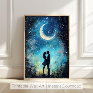 Romantic Couple Wall Art, Starry Night Love Scene, Valentine Day Print, Romantic Sky Art, Love Printable, Couple Digital Download