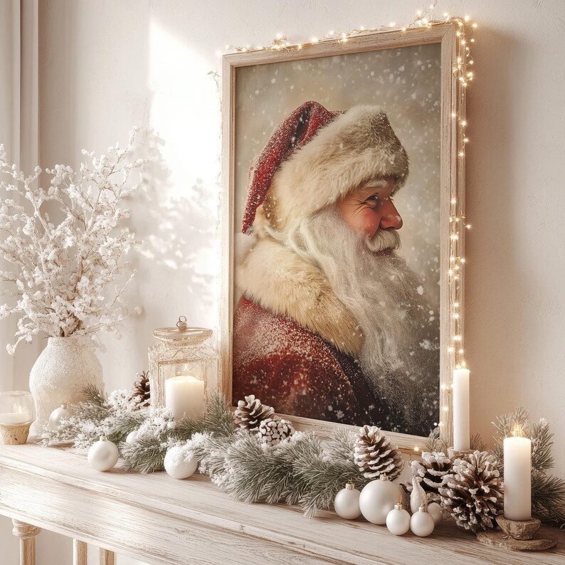 Peut inclure: Un portrait encadr&eacute; du P&egrave;re No&euml;l avec une barbe blanche et un costume rouge, entour&eacute; d'une guirlande blanche avec des pommes de pin et des boules blanches. Le portrait est d&eacute;cor&eacute; d'une guirlande lumineuse.