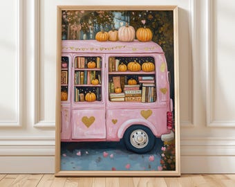 Pompoen en boeken herfst kunstprint | Roze herfstdecor | Digitale muurkunst leesgrage