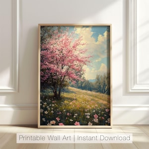 Spring Meadow Wall Art, Pink Blossom Tree Print, Floral Landscape Art, Wildflower Field Decor, Nature Printable Art, Digital Download