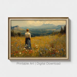 Cottagecore Kunstdruck, Berglandschaft Ölgemälde, Vintage Natur Wandkunst, Wildblumenfeld druckbare, Land Dekor, digitaler Download