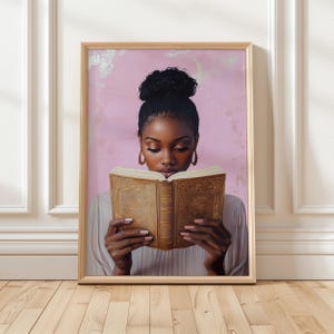 Black Woman Art Print | African American Girl Reading Print | Cozy Bookish Wall Decor | Book Lover Digital Wall Art