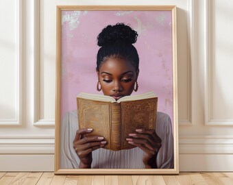 Black Woman Art Print | African American Girl Reading Print | Cozy Bookish Wall Decor | Book Lover Digital Wall Art