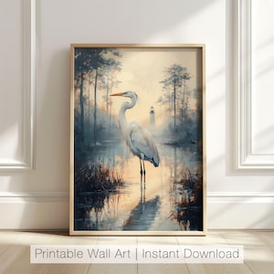 Great Blue Heron Wall Art, Lighthouse Coastal Print, Serene Nature Artwork, Marshland Printable Decor, Water Bird Art, Digital Download
