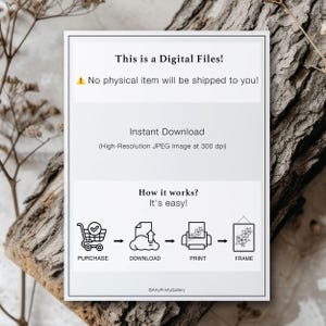 May include: A digital download illustration showing how to purchase, download, print, and frame a digital file. The illustration shows a shopping cart, a cloud with an arrow pointing up, a printer, and a picture frame.