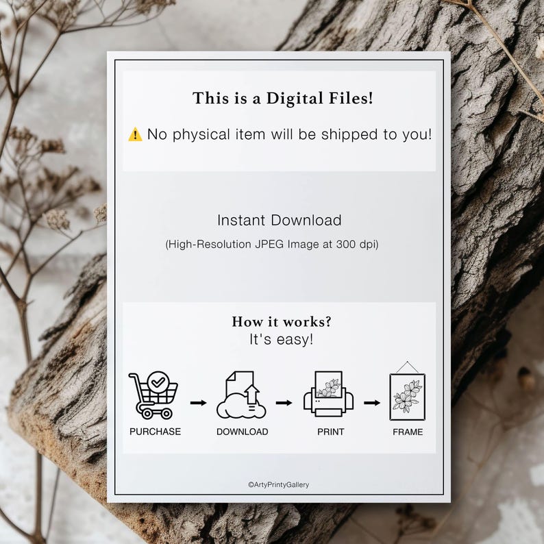 May include: A digital download illustration showing how to purchase, download, print, and frame a digital file. The illustration shows a shopping cart, a cloud with an arrow pointing up, a printer, and a picture frame.