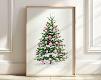 Weihnachtsbaum druckbare, rosa Urlaub Kunst, Winter-Wand-Dekor, girly Weihnachten Druck, Weihnachten Wohnkultur, Aquarell digitaler Download