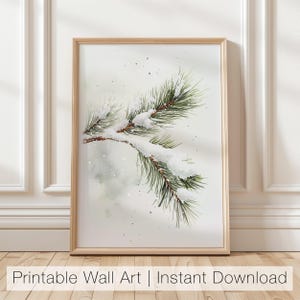 Art mural hiver branche de pin enneigé, Noël minimaliste à imprimer, décoration de vacances nature, impression d'art branche d'arbre, peinture en téléchargement numérique