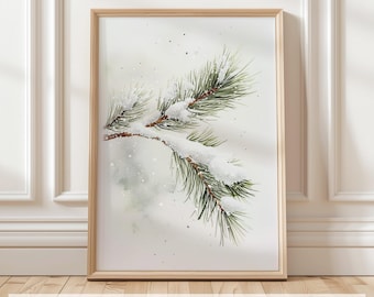 May include: A watercolor painting of a pine branch with snow on it. The branch is green and the snow is white. The background is a light gray.