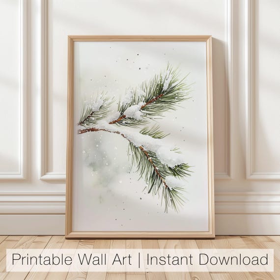 Snowy Pine Branch Winter Wall Art, Minimalist Christmas Printable, Nature Holiday Decor, Tree Branch Art Print, Digital Download Painting
