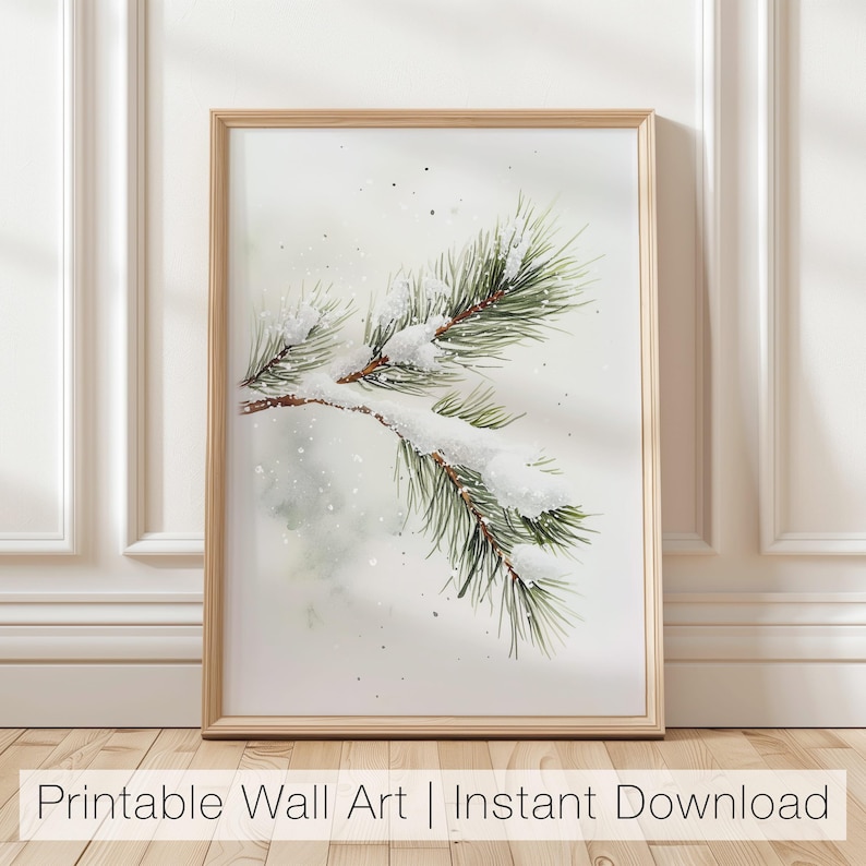May include: A watercolor painting of a pine branch with snow on it. The branch is green and the snow is white. The background is a light gray.