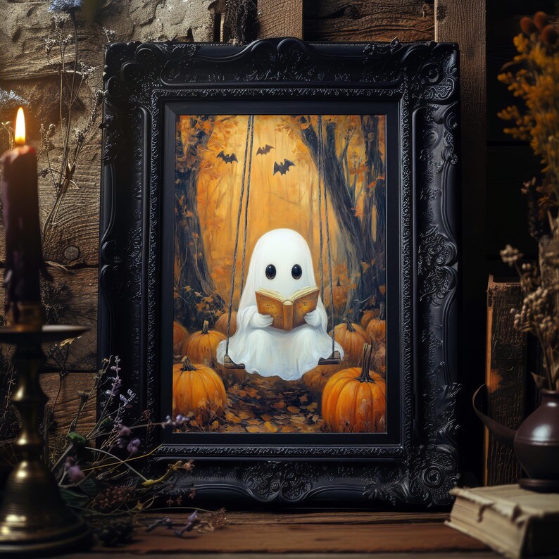 Cute Ghost Reading Art Print | Halloween Book Lover Decor | Spooky ...