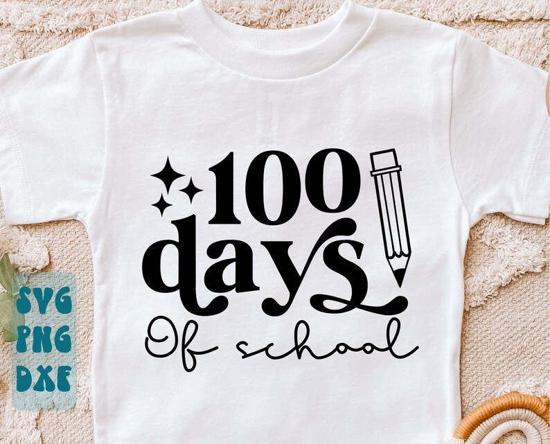May include: White t-shirt with black text that reads "100 days of school" with a pencil graphic and two stars.