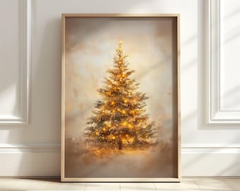 Árbol de Navidad vintage imprimible, arte mural navideño, decoración invernal para el hogar, impresión navideña, decoración festiva de Navidad, pintura invernal digital, descarga