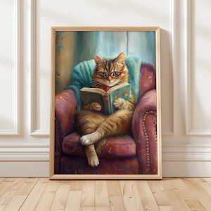 Gezellige kat lezen kunstafdruk | Wanddecoratie boekenliefhebber | Digitale kunst schattige kat | Inrichting bibliotheek thuis