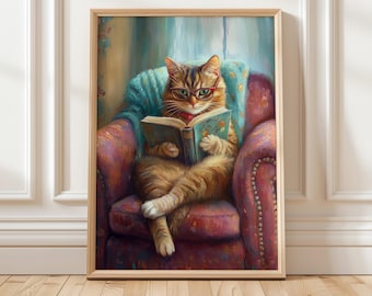 Pode incluir: Um gato tigrado usando óculos redondos está sentado em uma poltrona de pelúcia lendo um livro. O gato está usando uma echarpe azul e a poltrona é vinho com detalhes dourados.