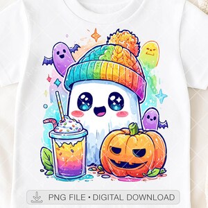 Fantasma carino PNG, Fantasma arcobaleno di Halloween in sublimazione, Stampa DTF di zucca kawaii, Bevanda fantasma autunnale PNG, Download digitale