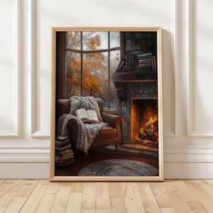 Cozy Autumn Reading Nook Art | Fall Fireplace Book Lover Decor | Warm Digital Wall Art | Rustic Autumn Home Decor