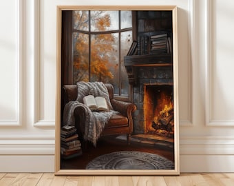 Art cosy automnal de coin lecture | Déco pour amoureux des livres de cheminée d'automne | Art mural numérique chaleureux | Décoration d'intérieur d'automne rustique