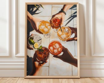 Può includere: Un dipinto che raffigura sei cocktail colorati con cubetti di ghiaccio, guarnizioni e cannucce, alzati in un brindisi da sei mani. Le bevande sono su una superficie piastrellata bianca con ombre dal sole.