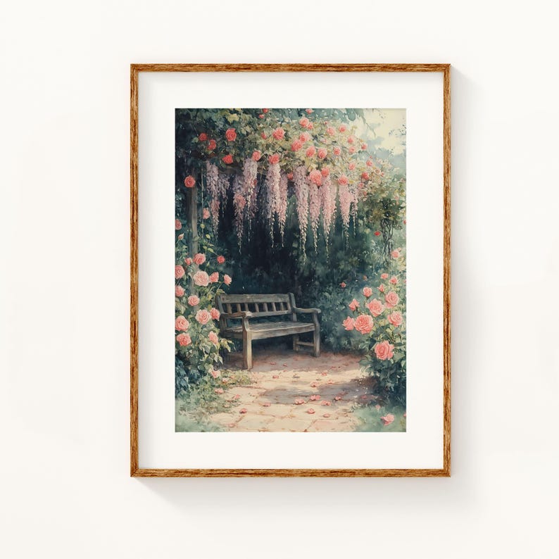 May include: A wooden bench sits under a trellis covered in pink roses and purple wisteria flowers. The bench is in a garden setting with a stone path leading to it.