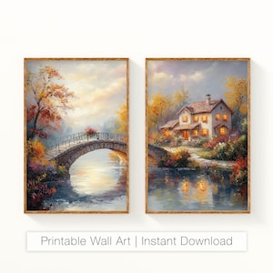 Autumn Cottage Wall Art, Bridge Art, Fall Landscape Printable, Rustic Nature Art Print, Country Decor, Set of 2 Prints, Digital Download
