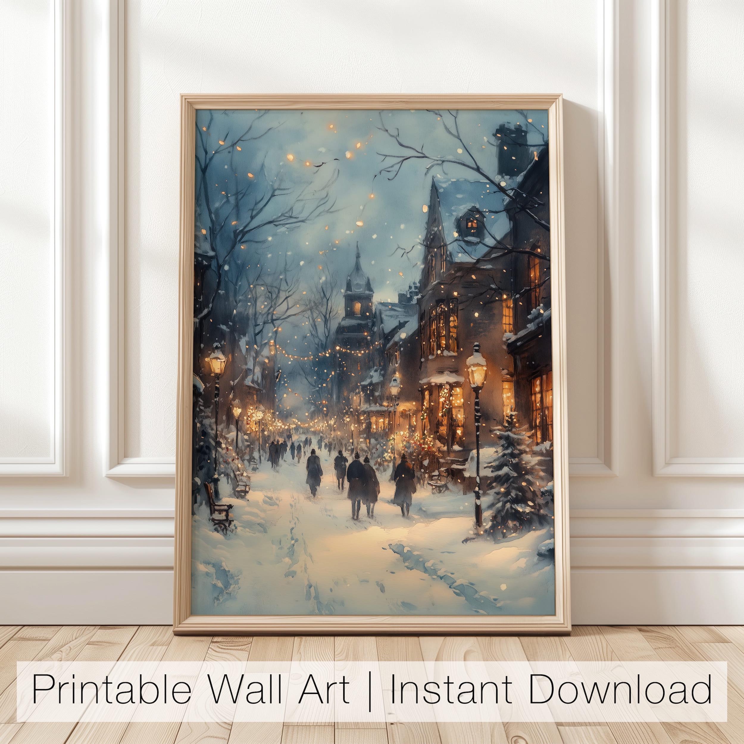Winter Night Town Art Print, Snowy Street Wall Art, Winter Village ...