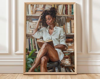 Black Woman Reading Art Print | Book Lover Wall Art | African American Art | Black Girl with Book Print | Digital Art