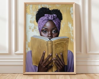 Impresión artística de mujer negra / Arte literario afroamericano / Impresión de niña negra leyendo / Decoración de pared para amantes de los libros / Arte imprimible literario