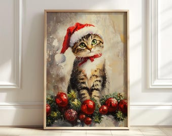 Christmas Cat Wall Art, Vintage Holiday Cat Print, Cute Holiday Decor, Cat Lover Printable, Funny Christmas Digital Download