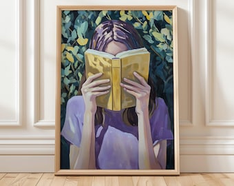 Woman Reading Book Art Print | Book Lover Wall Decor | Bookish Girl Digital Art | Literary Wall Art | Cozy Reading Nook Print