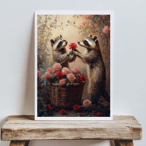 May include: Two raccoons in a garden setting, one offering a red rose to the other. The raccoons are surrounded by pink and red roses in a wicker basket.
