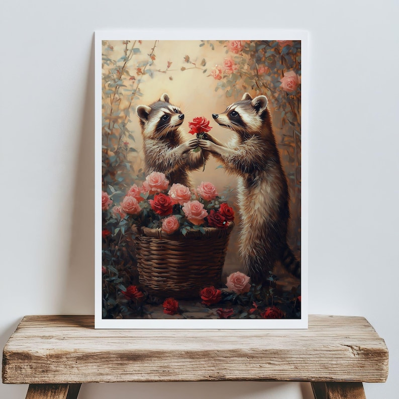 May include: Two raccoons in a garden setting, one offering a red rose to the other. The raccoons are surrounded by pink and red roses in a wicker basket.