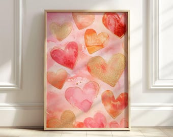 Art mural coeur aquarelle, décoration de la Saint-Valentin, impression romantique, art abstrait amour, art girly, art imprimable rose et or, téléchargement numérique