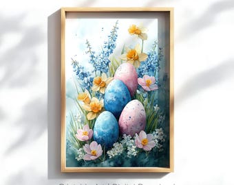 Easter Egg Floral Wall Art, Watercolor Spring Decor, Printable Holiday Artwork, Easter Celebration Art, Pastel Flower Digital Download