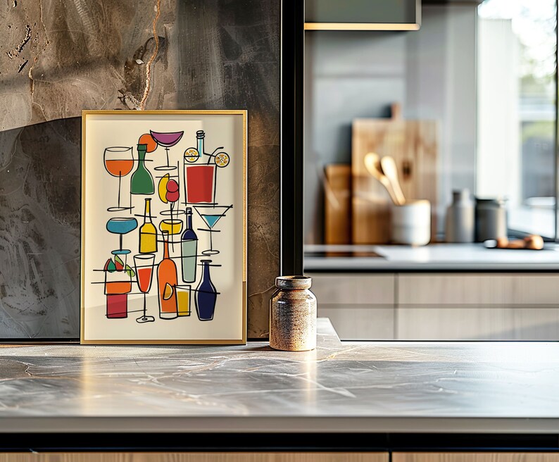 May include: A framed print of a colorful illustration of a bar scene with glasses and bottles. The print is hanging on a wall with a textured surface. A small ceramic vase is sitting on a countertop in front of the print.