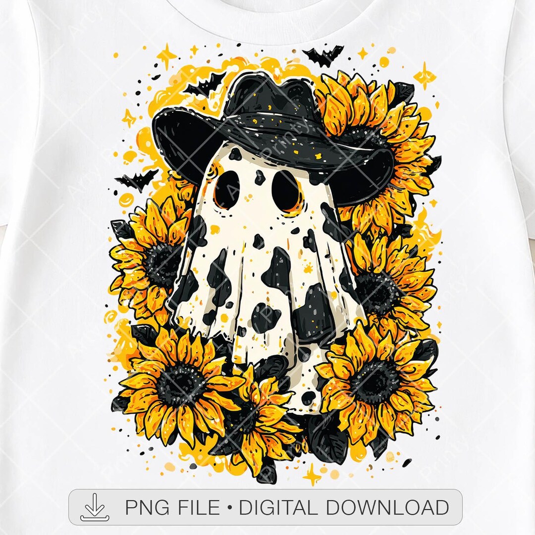 Cow Print Ghost PNG, Halloween Cowboy Ghost Sublimation, Sunflower ...