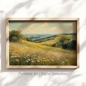 Golden Meadow Landscape Art, Countryside Wildflower Field Print, Rustic Nature Wall Decor, Country Summer Scene Artwork, Digital Download
