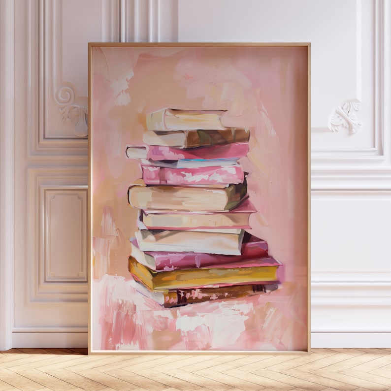 May include: A stack of books in various shades of pink and beige, painted in a loose, impressionistic style. The books are arranged in a casual, stacked formation, with the top book slightly askew. The background is a soft, peachy pink.