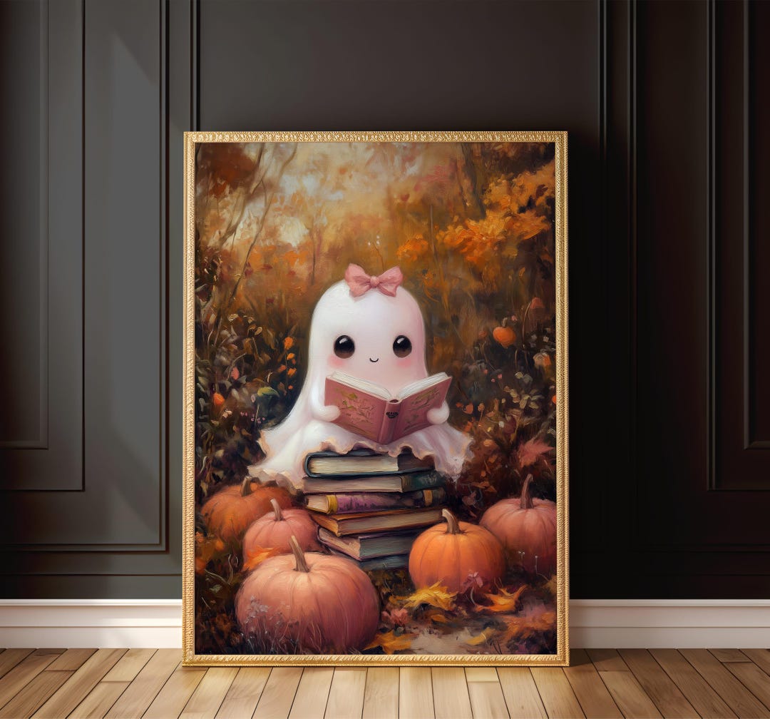 Cute Ghost Reading Art Print | Pink Halloween Book Decor | Adorable ...