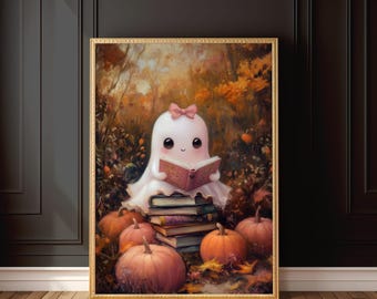 Leuke spooklezing kunstafdruk | Roze Halloween-boekdecor | Schattige herfstkunst aan de muur | Gezellig digitaal herfstkunstwerk