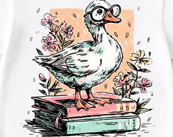 Bookish Goose PNG, Teacher Goose Sublimation, Back to School Goose Design, Funny Goose with Glasses Png, Book Lover Animal, Digital Download