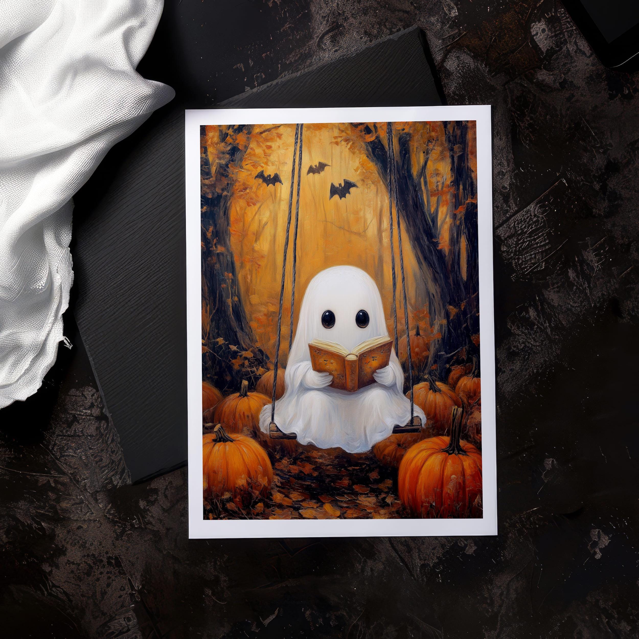 Cute Ghost Reading Art Print | Halloween Book Lover Decor | Spooky ...
