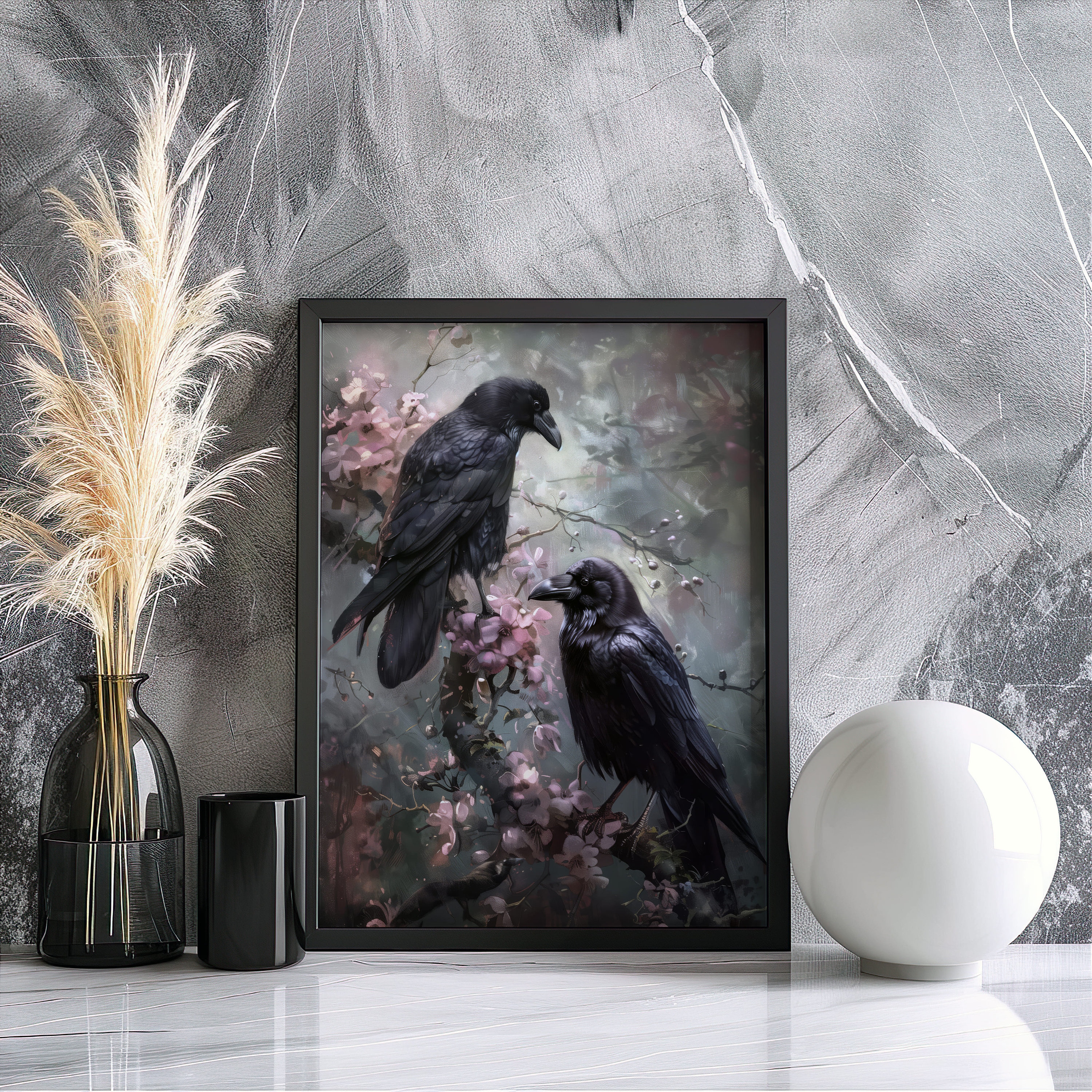 Victorian Gothic Raven Art Print | Dark Floral Art | Two Ravens on ...