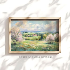 Spring Countryside Landscape Art, Farmhouse Decor Wall Print, Rustic Cottagecore Printable, Country Home Artwork, Pastoral Digital Download